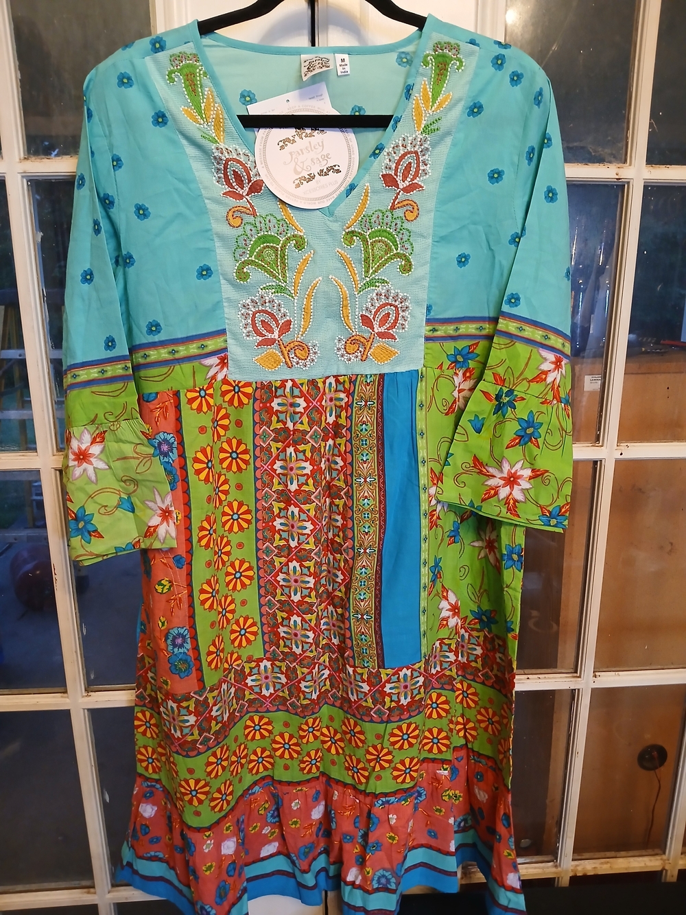 Parsley & Sage Teal Embroidered Boho Tunic with Multicolor Floral Stitching